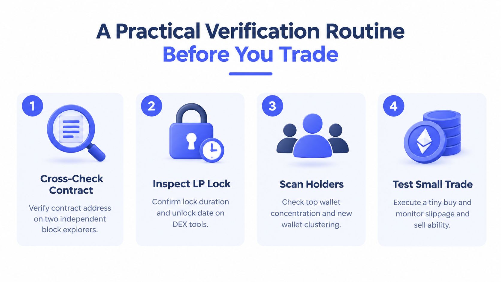 An infographic showing a four-step practical verification routine for traders to safely analyze crypto tokens.