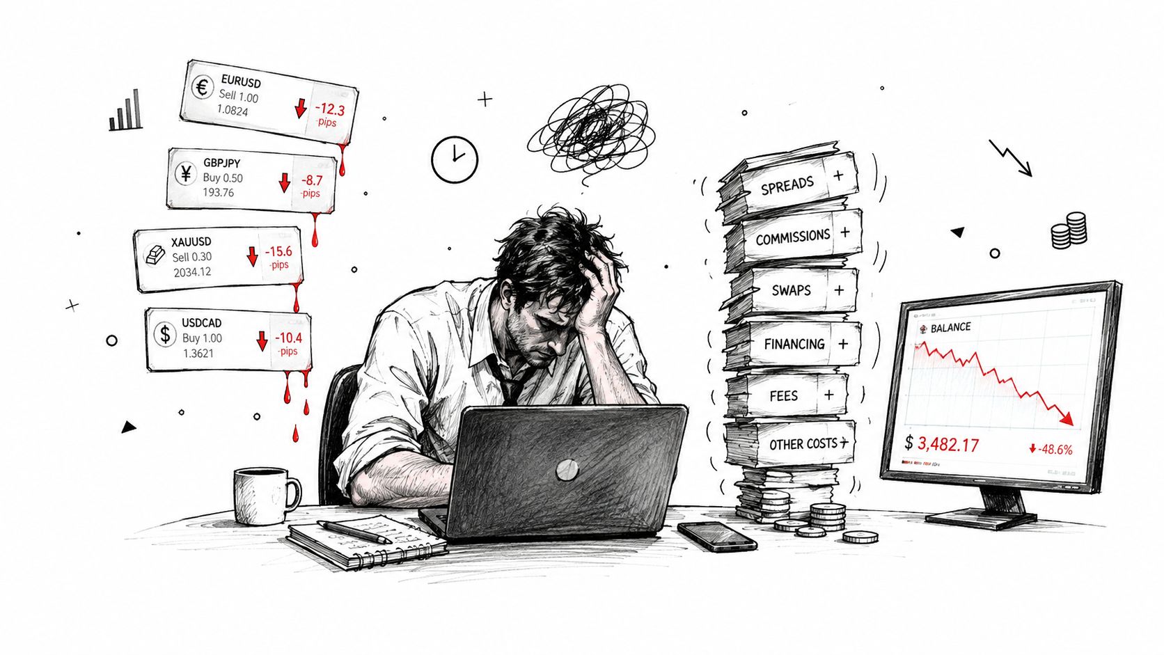 A stressed trader looking at a computer monitor showing falling financial charts and mounting trading costs.