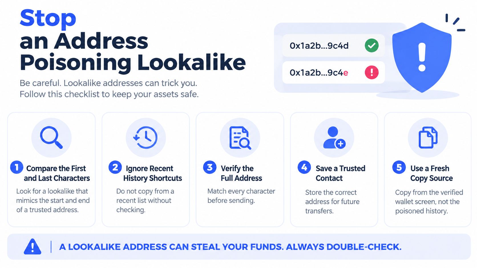 An educational infographic providing five security tips to avoid cryptocurrency address poisoning scams when sending digital assets.