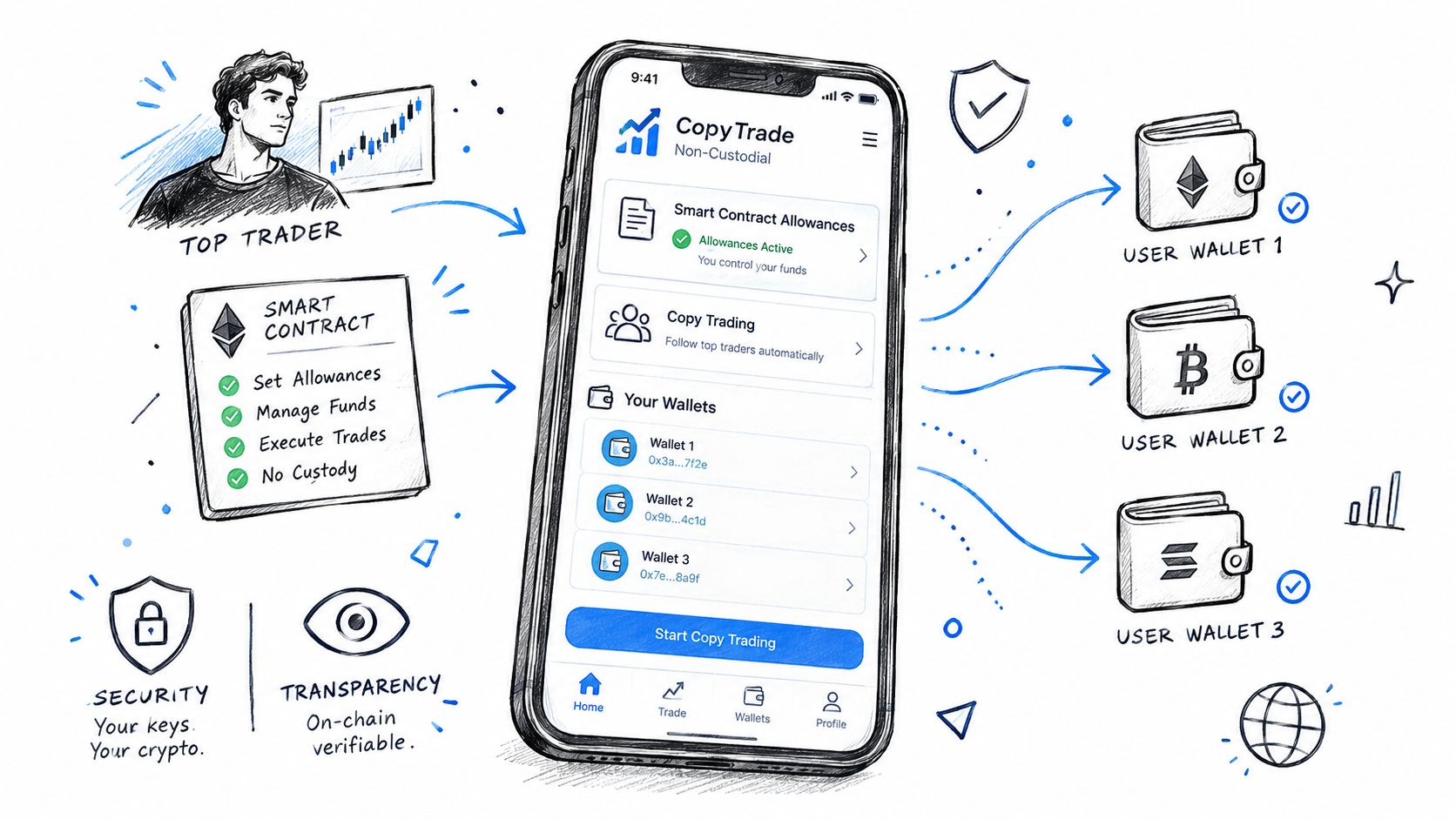 A diagram illustrating a non-custodial copy trading application connecting top traders to multiple user crypto wallets.