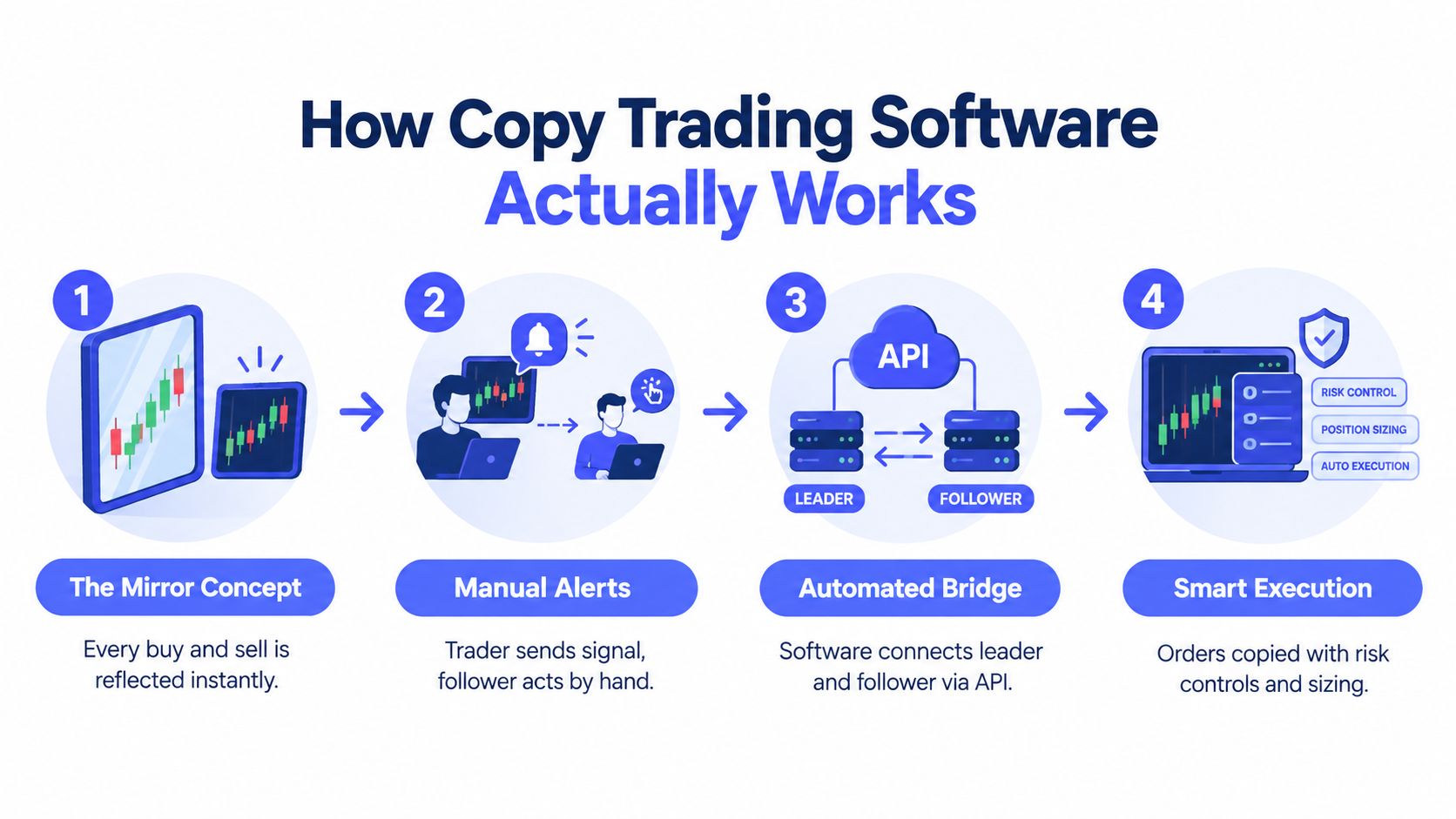 A four-step infographic illustrating how copy trading software works from signal transmission to automated order execution.