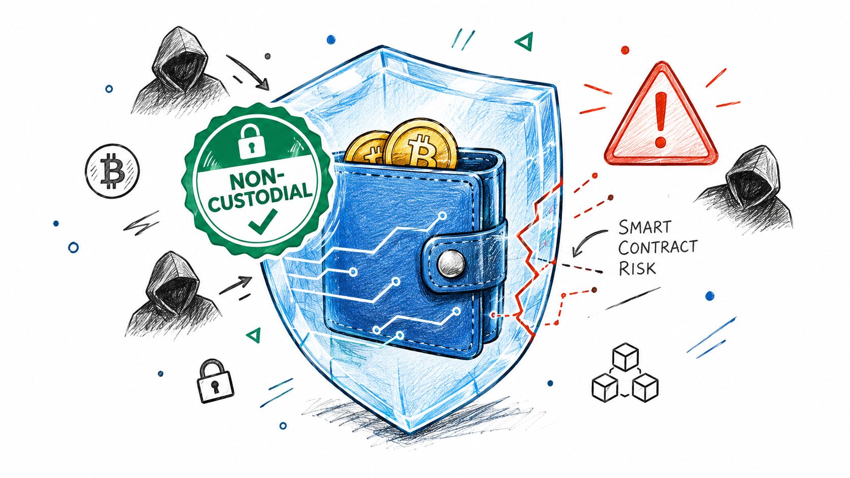 A conceptual illustration of a non-custodial crypto wallet protected by a shield against security risks.