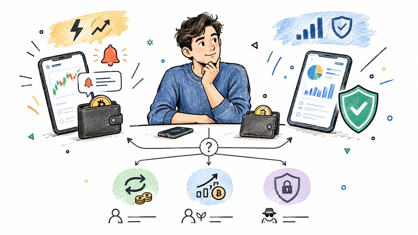 A person contemplating cryptocurrency investment and security choices between different digital wallet and tracking options.