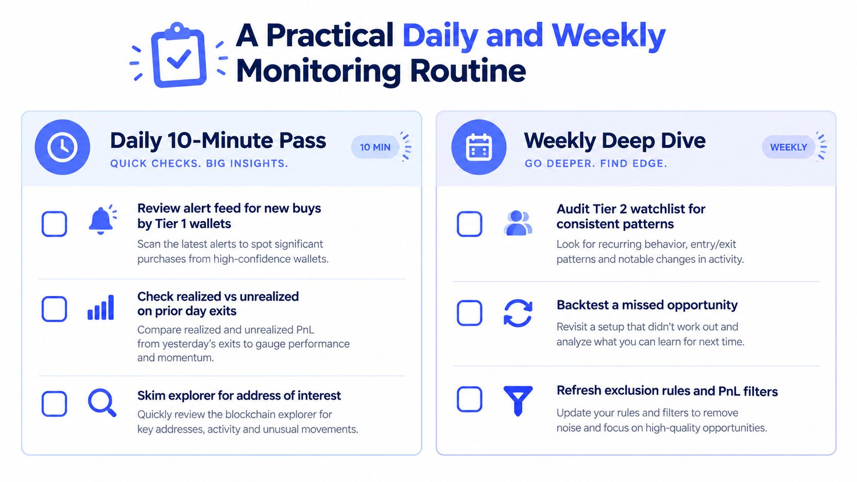 A checklist infographic outlining a daily 10-minute pass and weekly deep dive routine for monitoring crypto wallets.