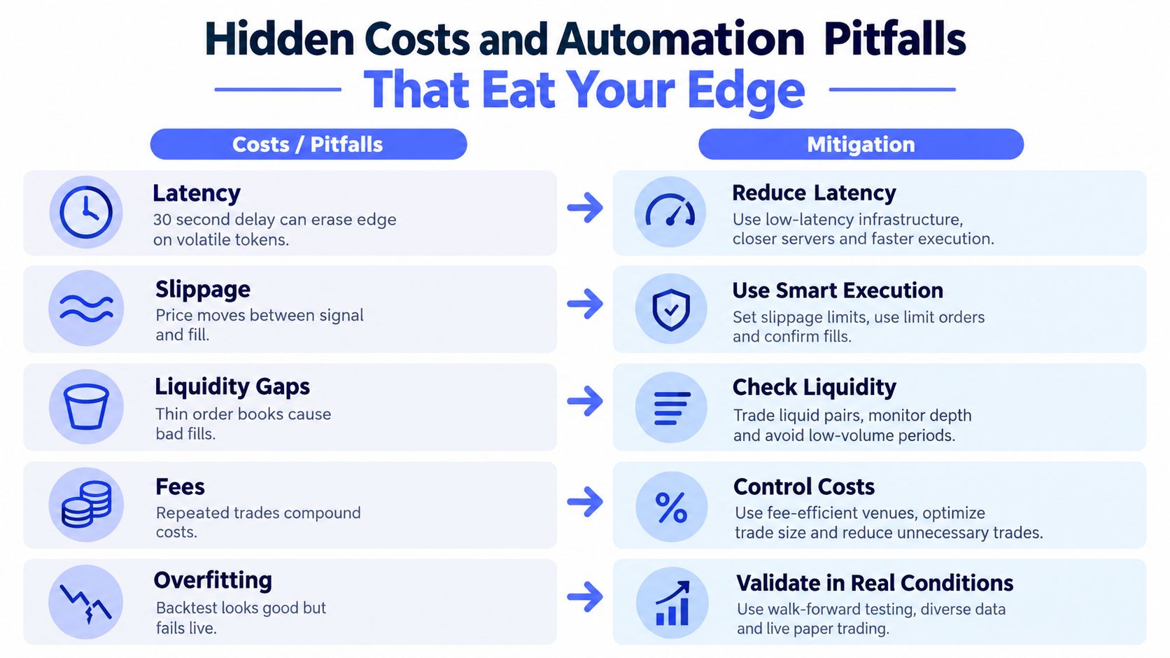 A chart detailing common automated crypto trading pitfalls like latency, slippage, and fees, along with practical mitigation strategies.