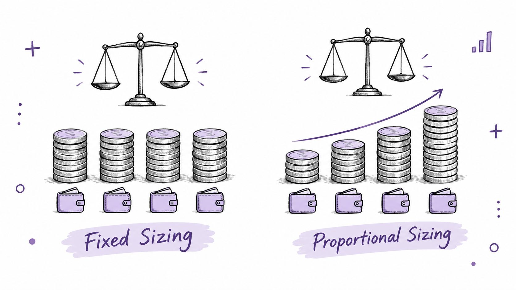 A diagram comparing fixed sizing versus proportional sizing for crypto copy trading using stacks of coins.