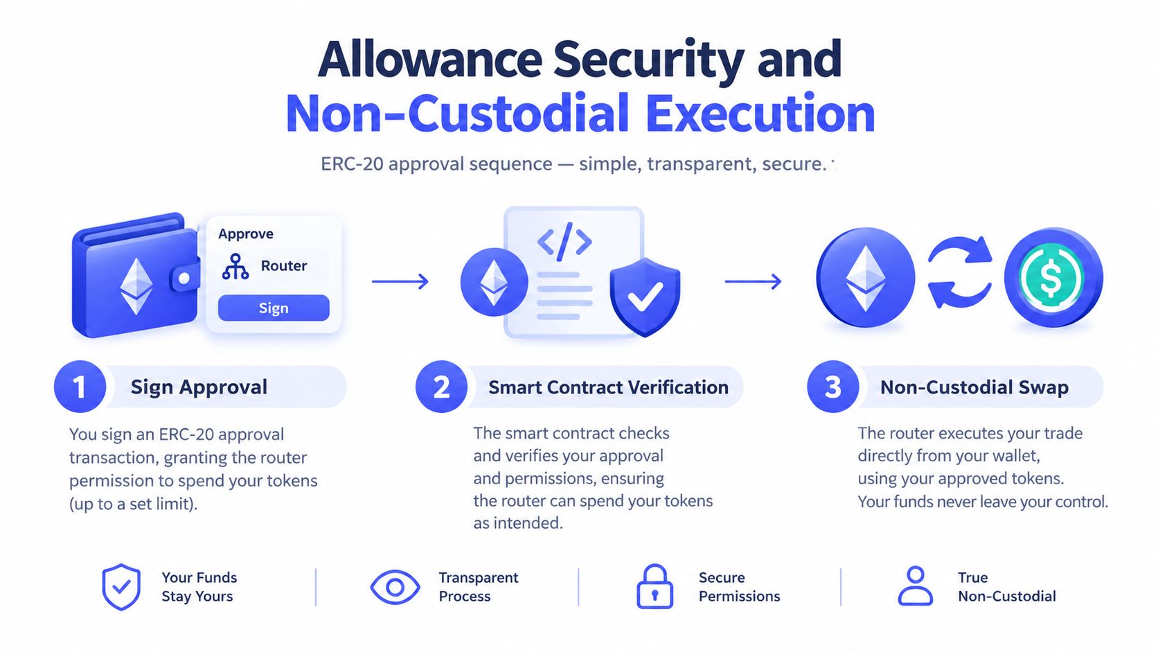 A diagram illustrating the three-step ERC-20 token approval process for secure and non-custodial decentralized cryptocurrency trading.