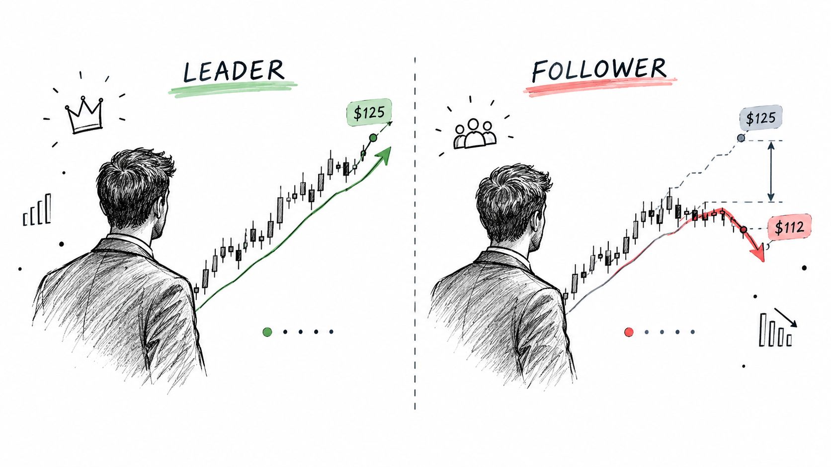 An illustration comparing the outcomes of a financial leader versus a follower in trading market trends.
