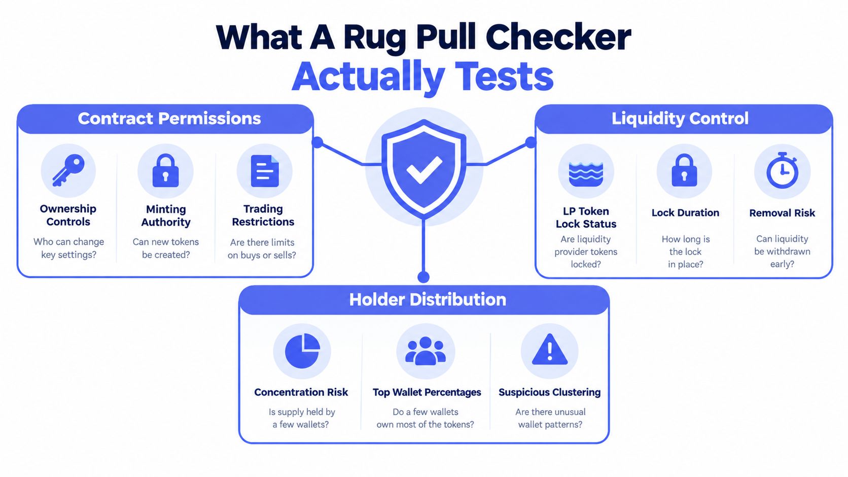 An infographic titled What A Rug Pull Checker Actually Tests detailing criteria like contract permissions and liquidity.