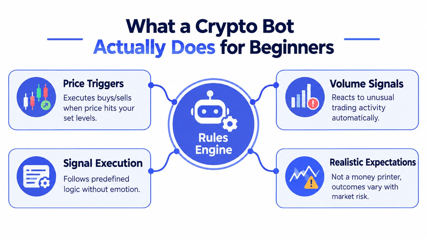A diagram explaining the core functions of a crypto bot for beginners, including price triggers and rules.