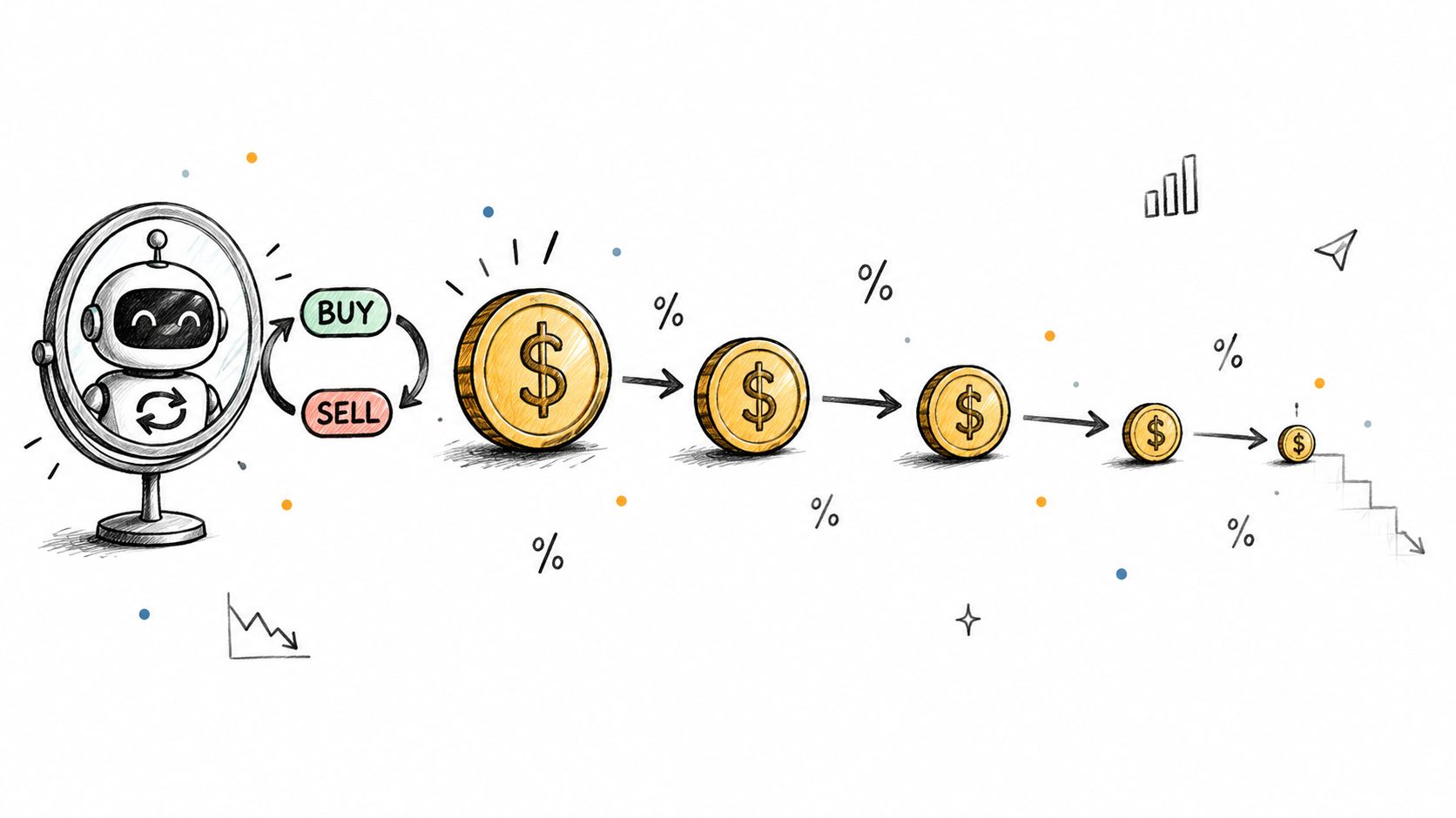A digital illustration showing a robot trading crypto coins that shrink in size due to slippage.