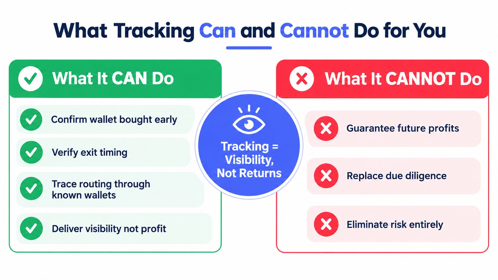An infographic titled What Tracking Can and Cannot Do for You, comparing tracking benefits versus limitations.