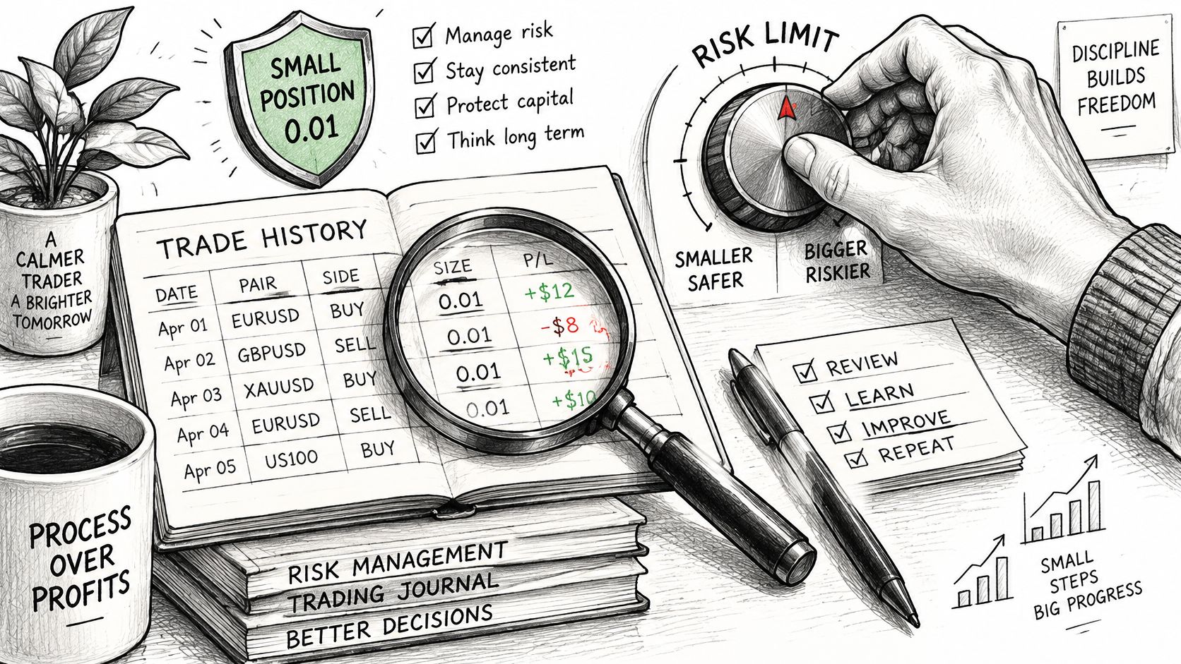 An artistic sketch of a trader's desk showing risk management, a trading journal, and discipline-focused motivational quotes.