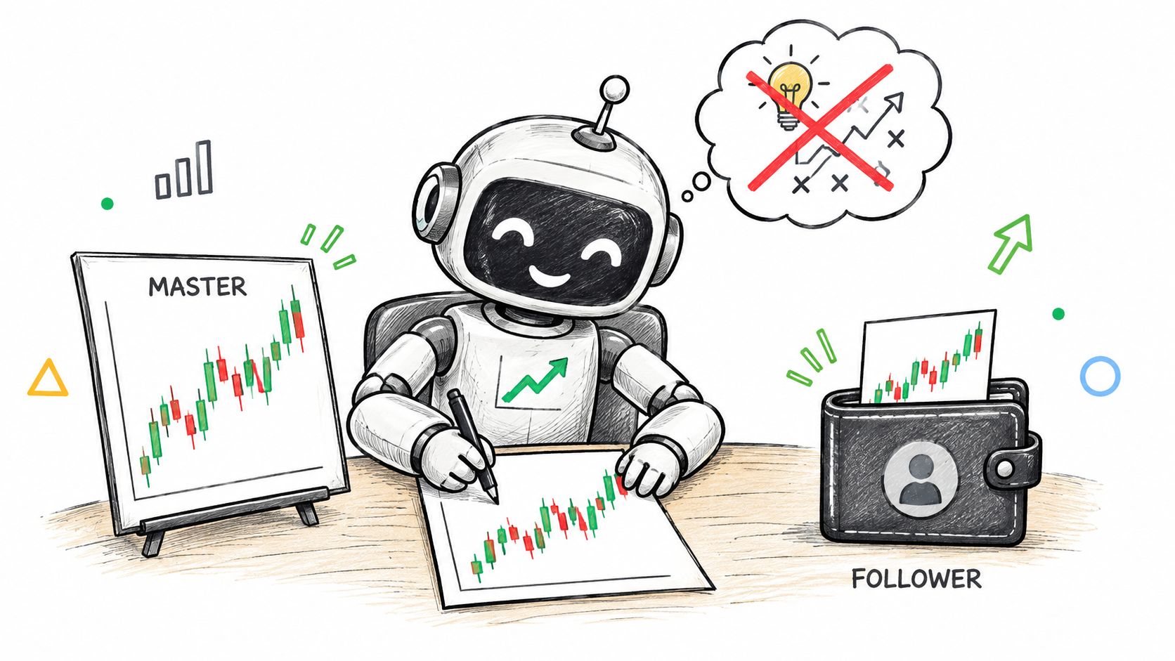A cute trading robot copying master account candle chart patterns into a follower wallet concept illustration.