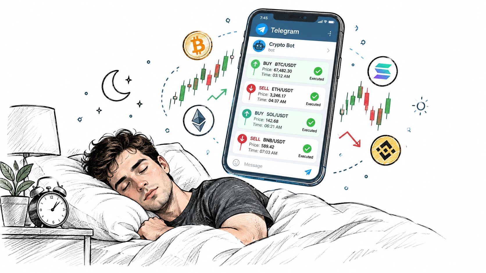 A person sleeping soundly while an automated Telegram crypto bot executes trading transactions on a smartphone screen.