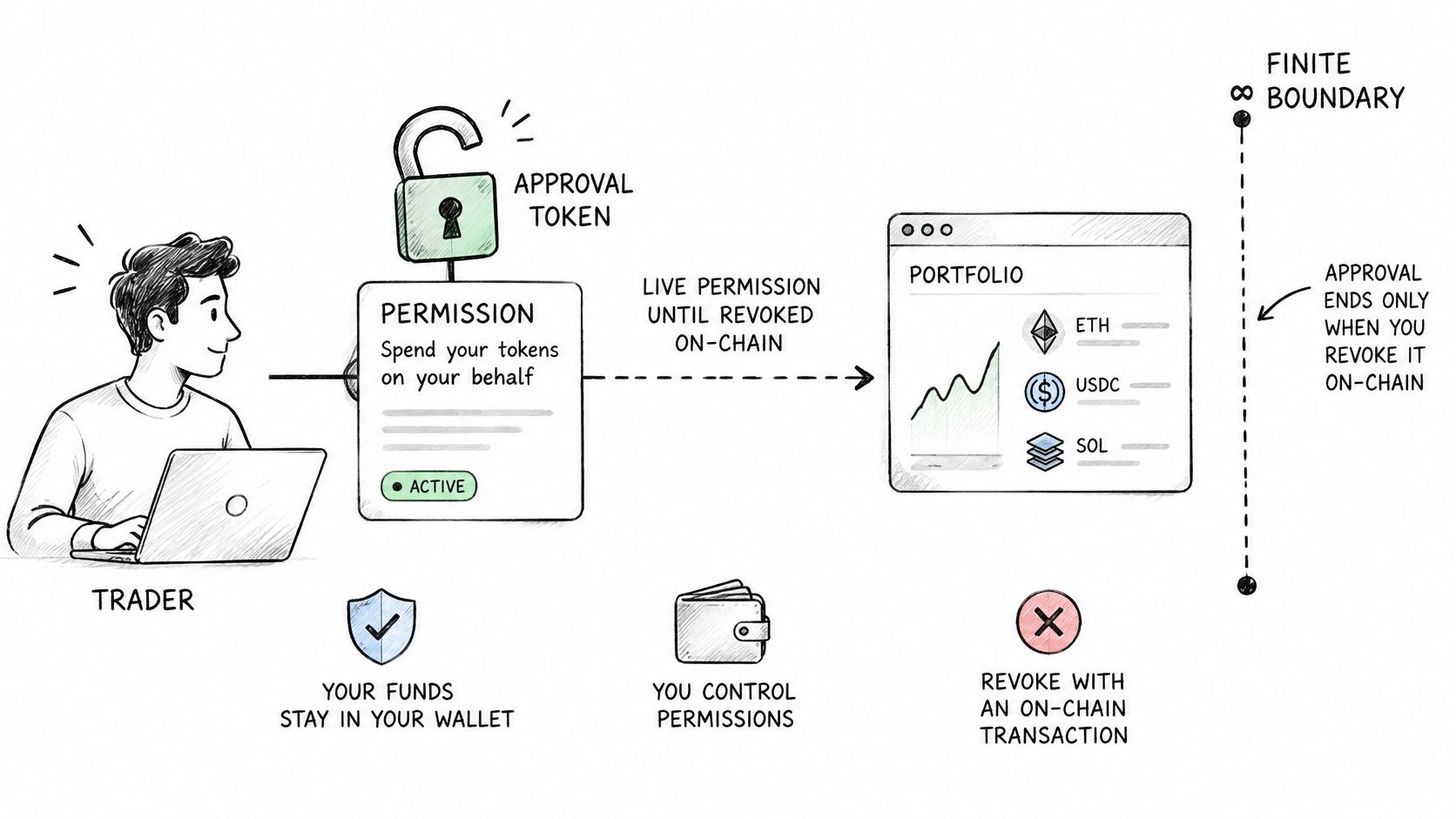 A diagram illustrating how cryptocurrency trading approvals work, showing a trader granting permission for on-chain token spending.