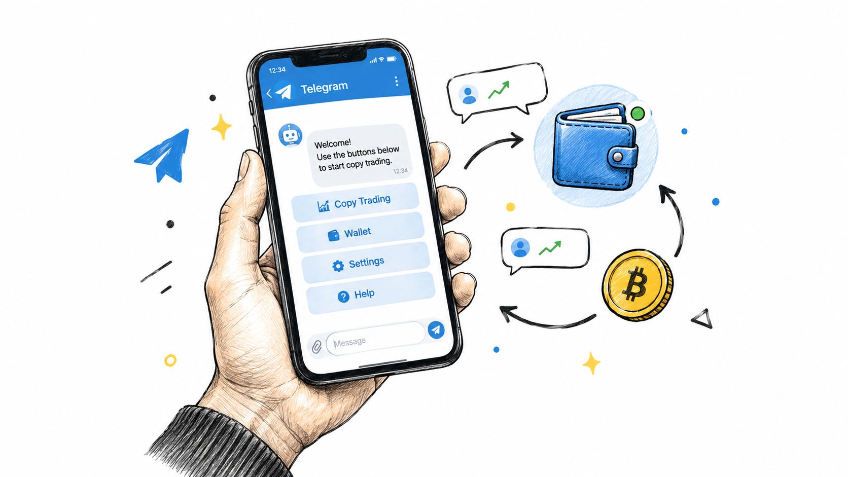 A hand holding a smartphone displaying a Telegram bot interface for cryptocurrency trading and wallet management.