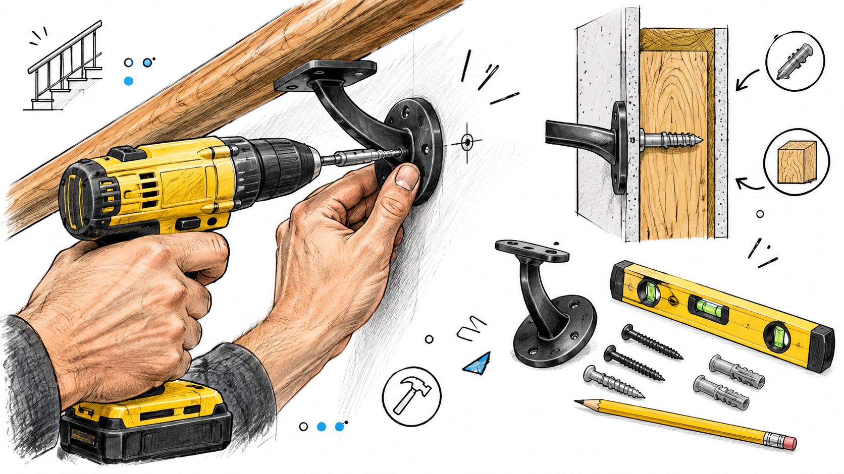 An illustrated guide showing how to mount a handrail bracket using a drill and mounting hardware.