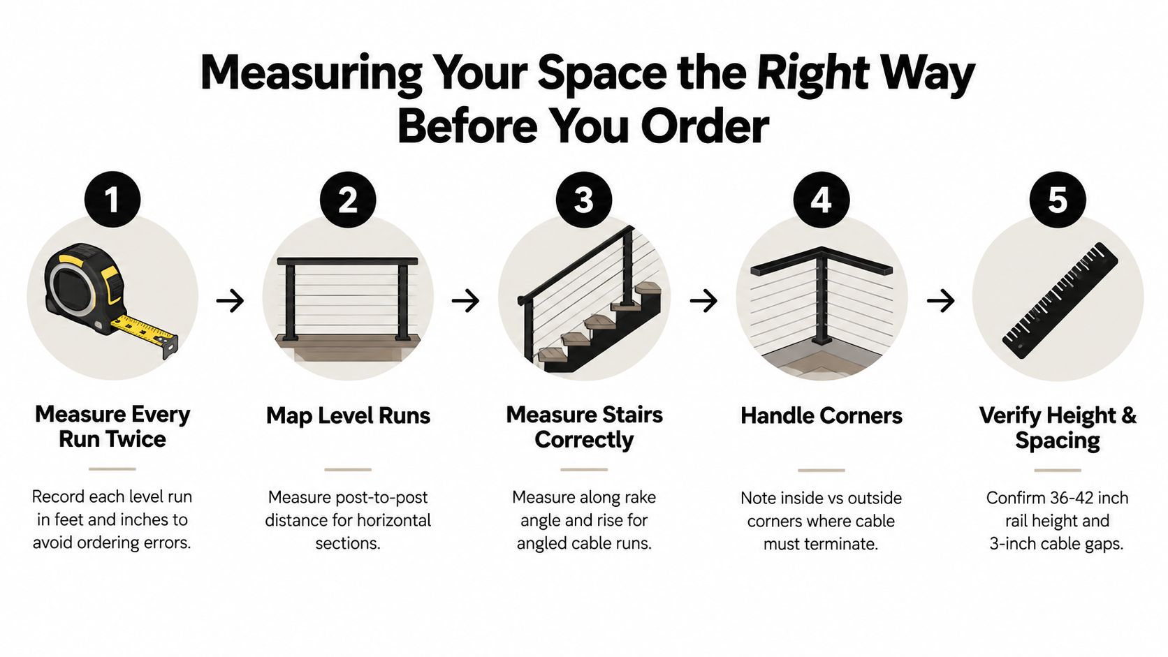 A five-step guide on how to accurately measure your space for installing steel cable railing kits.
