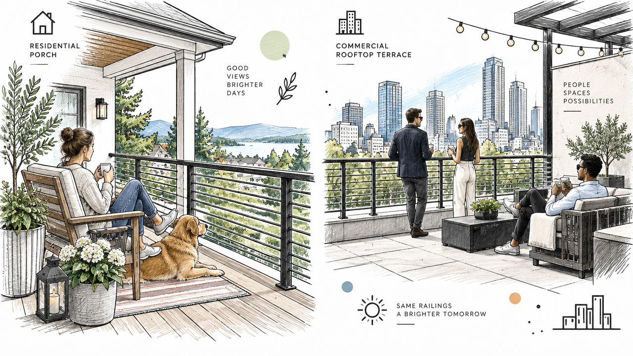 A dual-scene sketch showcasing horizontal deck railing systems for both a peaceful residential porch and an urban commercial rooftop.