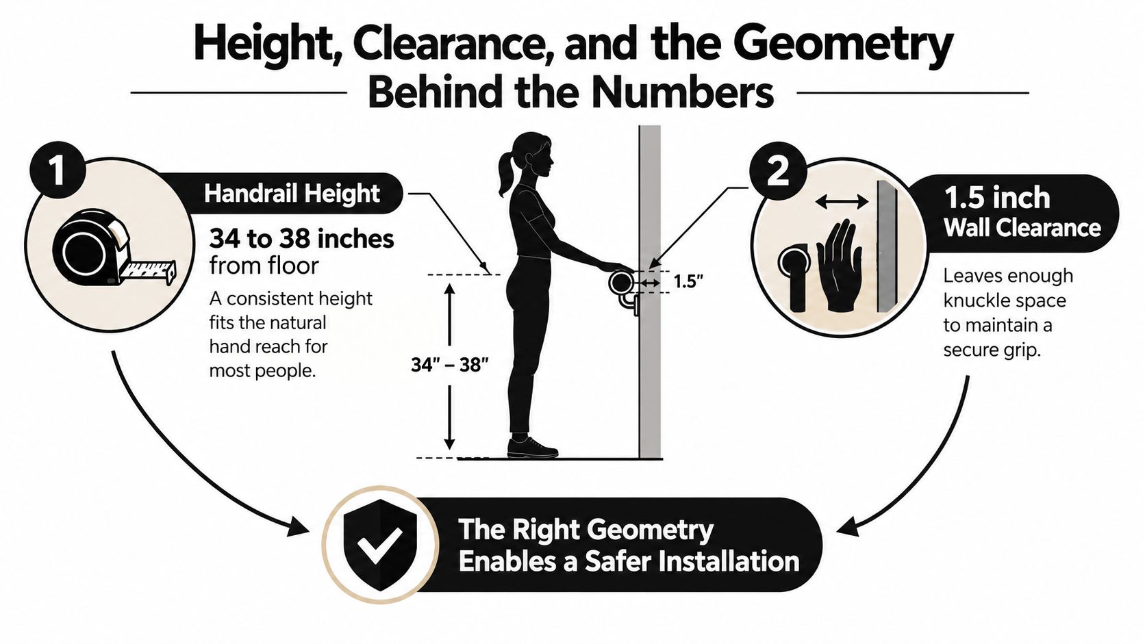 An infographic showing the standard ADA height and wall clearance measurements for safe handrail installation in hallways.