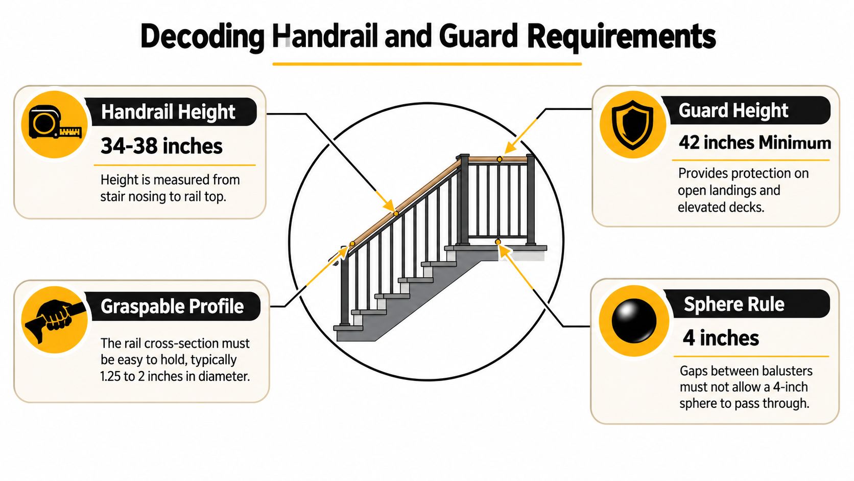 An infographic illustrating standard building code requirements for stair handrails and safety guard railings.