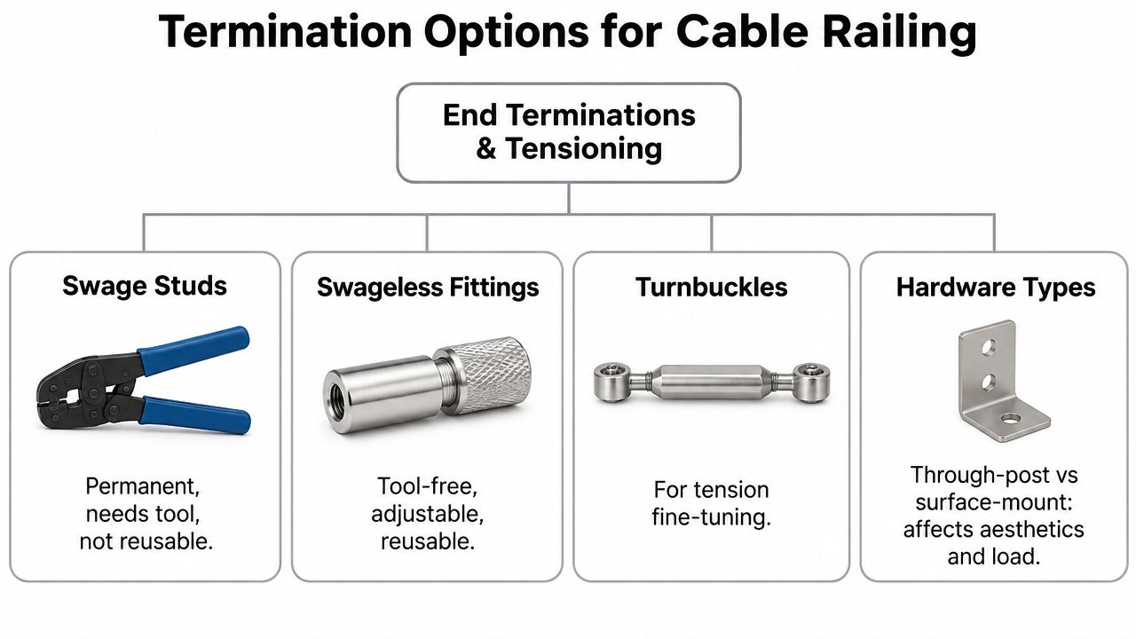 A diagram outlining various cable railing termination options including swage studs, swageless fittings, turnbuckles, and hardware types.