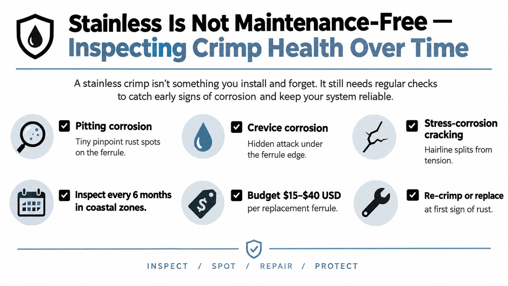 An infographic detailing essential maintenance steps for checking stainless steel crimps for corrosion and potential damage.