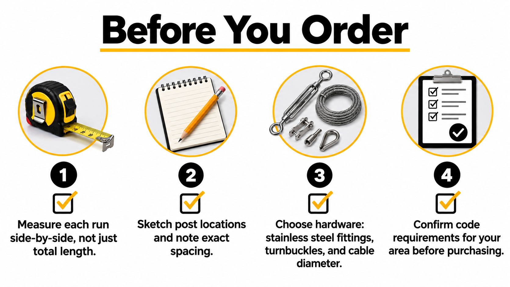 A four-step guide on how to prepare before ordering your custom stainless steel tension cable railing kits.