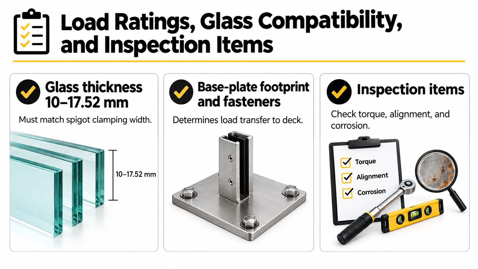 A technical infographic detailing glass thickness requirements, base-plate stability, and regular inspection procedures for stainless steel spigots.