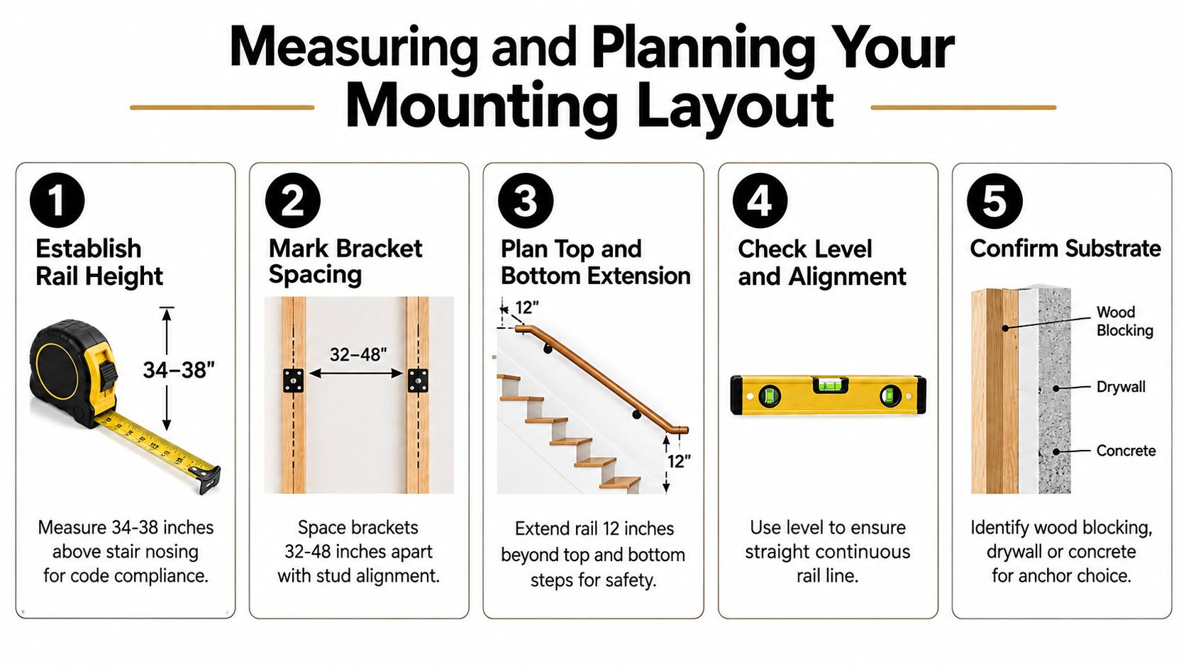 A step-by-step guide on how to measure and plan for installing a handrail on stairs.