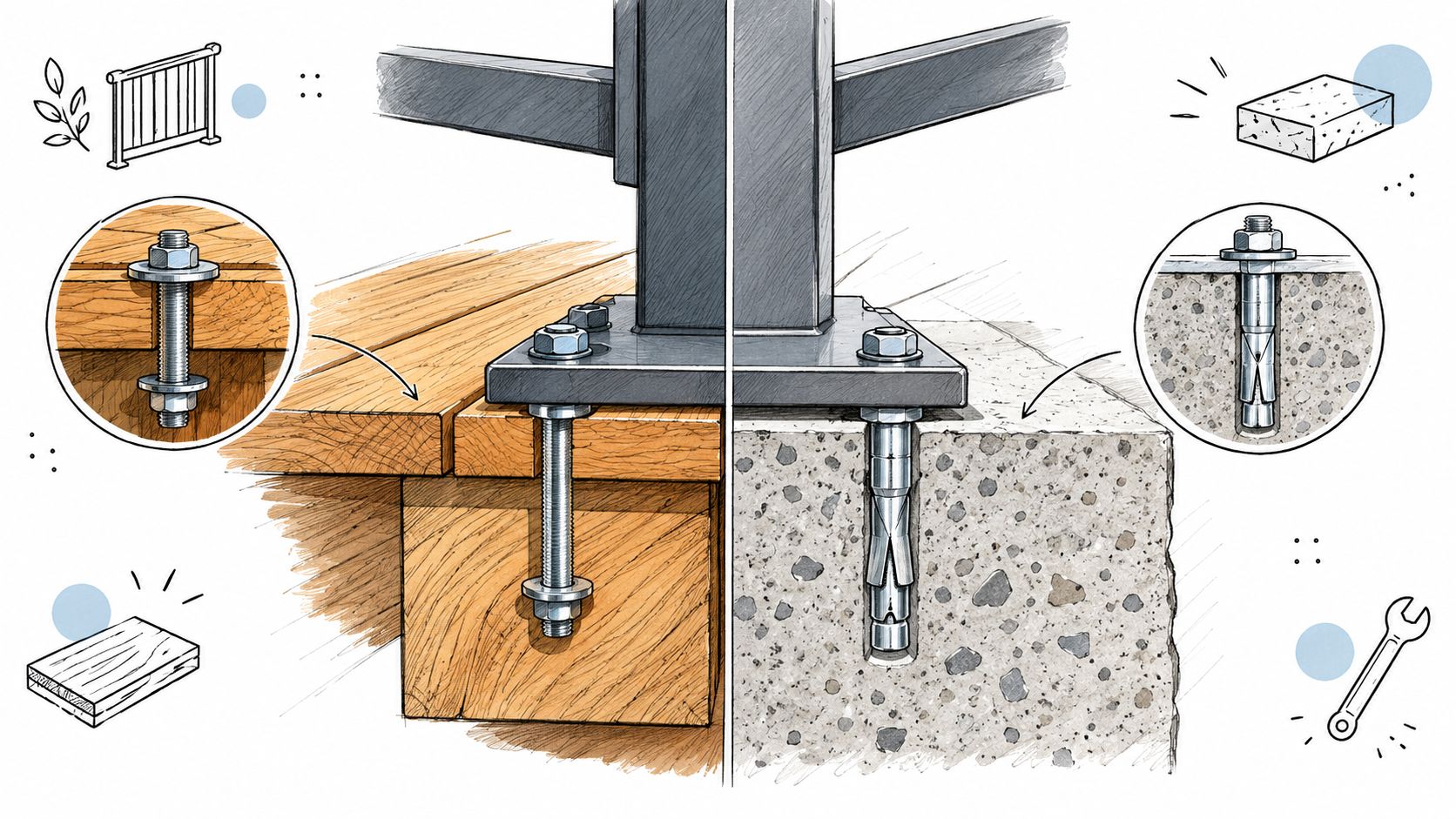 An illustration showing two methods for installing a balcony railing post onto wooden and concrete surfaces.