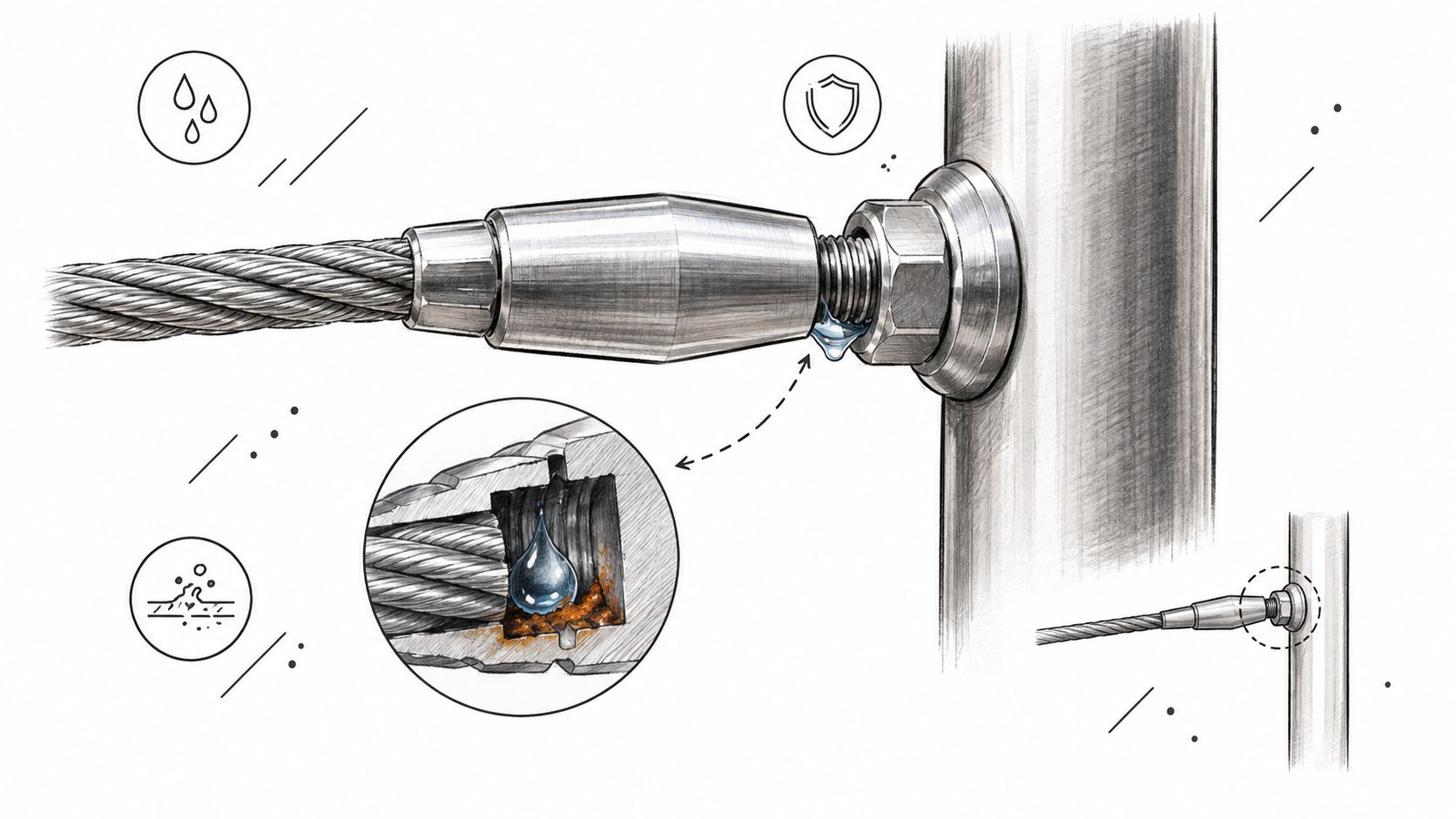 A diagram showing corrosion inside a stainless steel cable connector caused by water infiltration and trapped moisture.