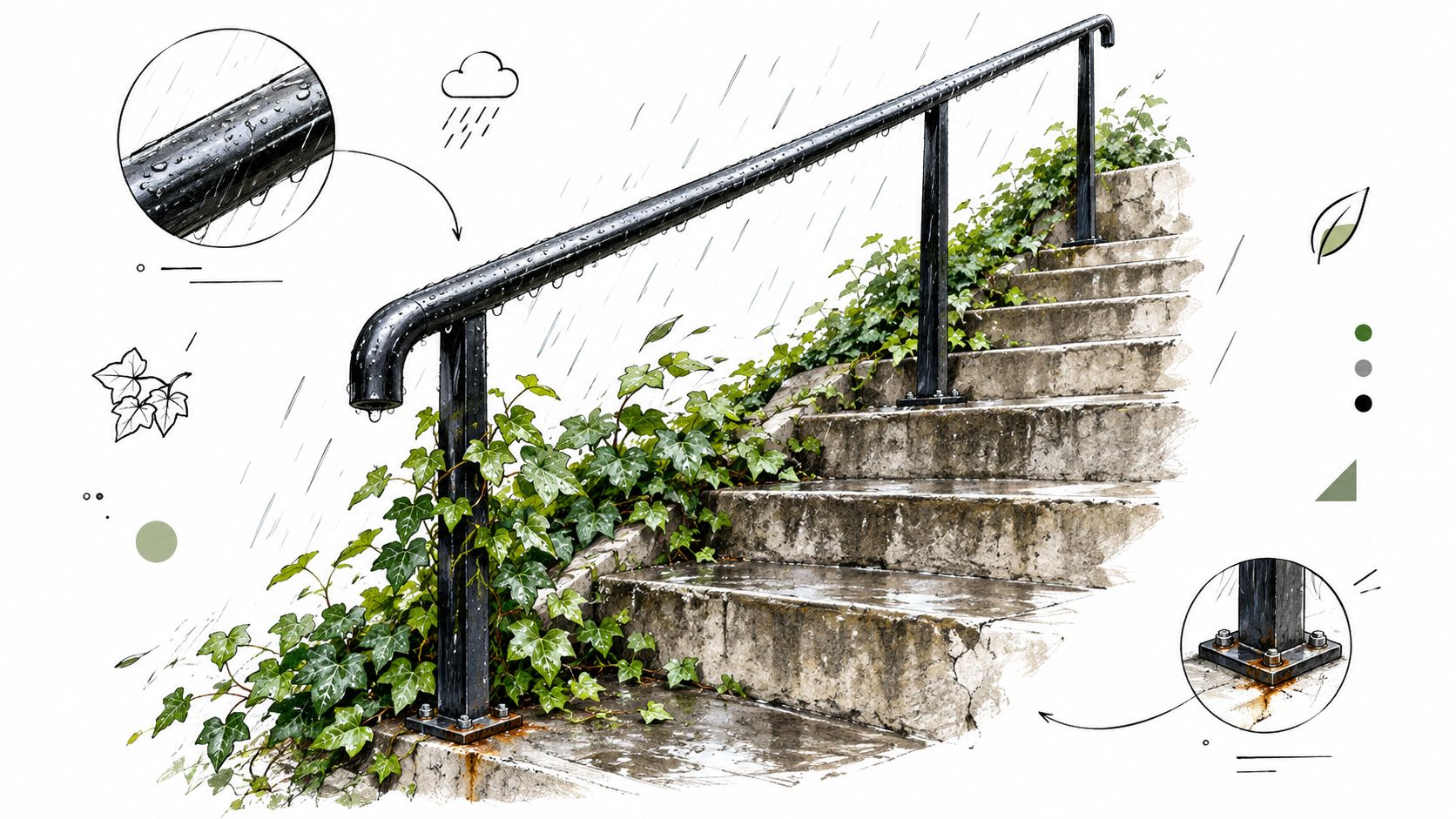 A detailed illustration of an outdoor concrete staircase with a black metal railing during rain.