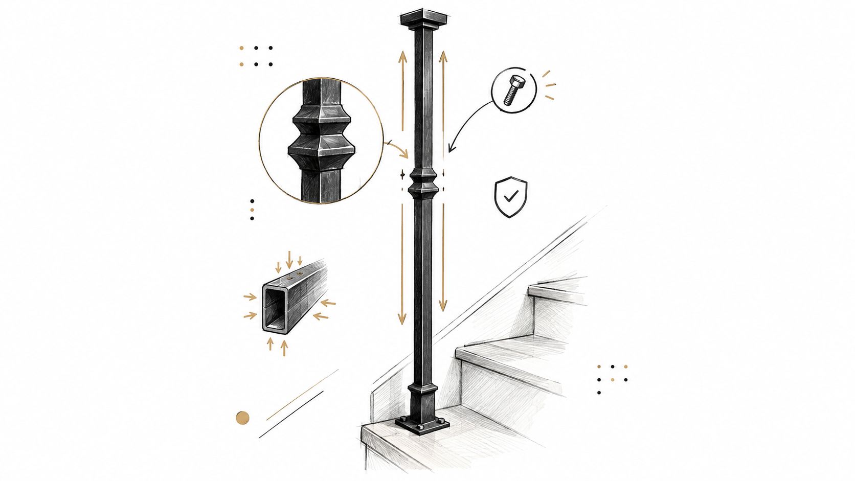 A detailed technical drawing of a black metal railing spindle showing assembly components and mounting hardware.