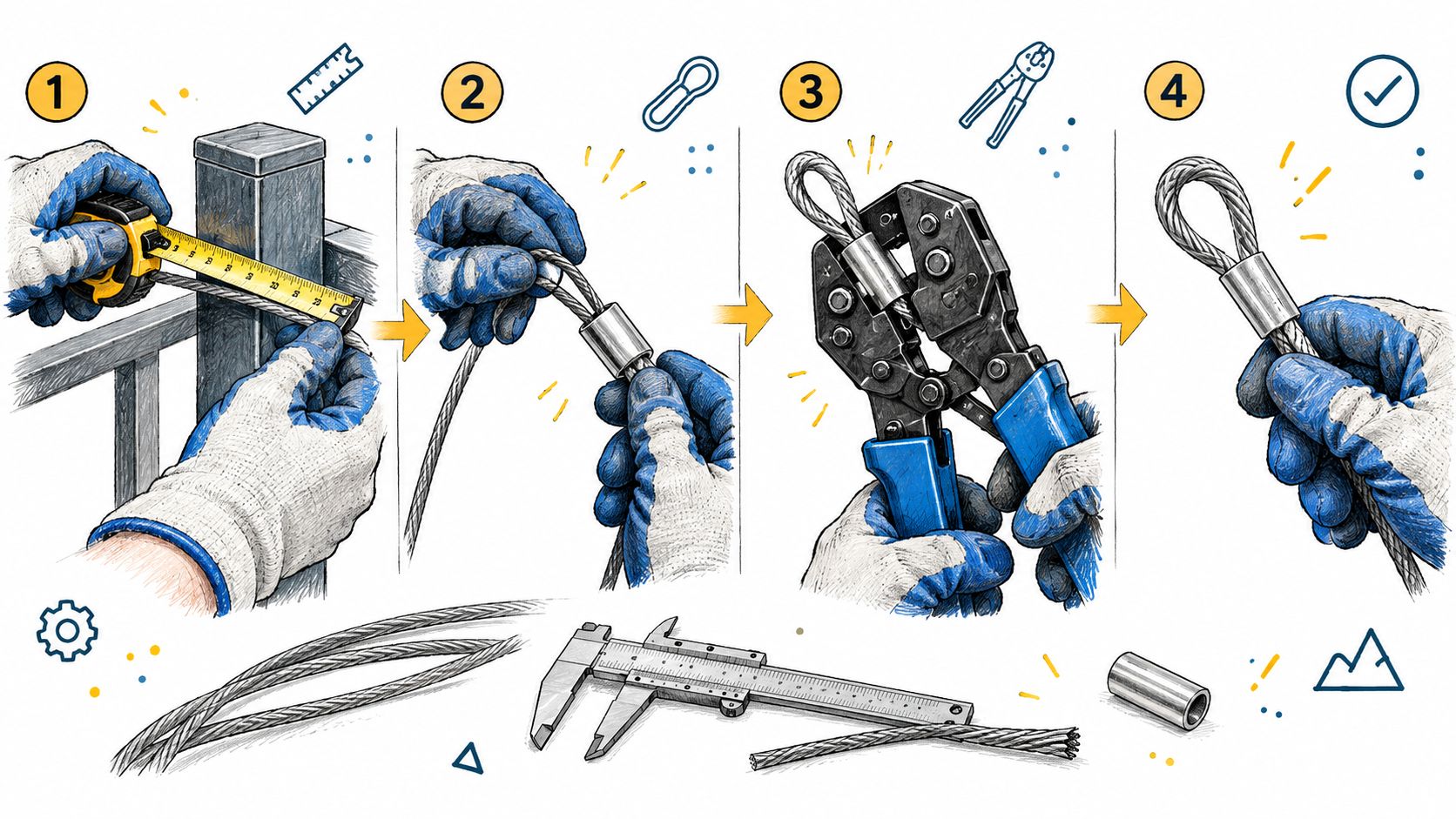 A four-step instructional diagram demonstrating how to properly crimp a stainless steel cable for a railing installation.