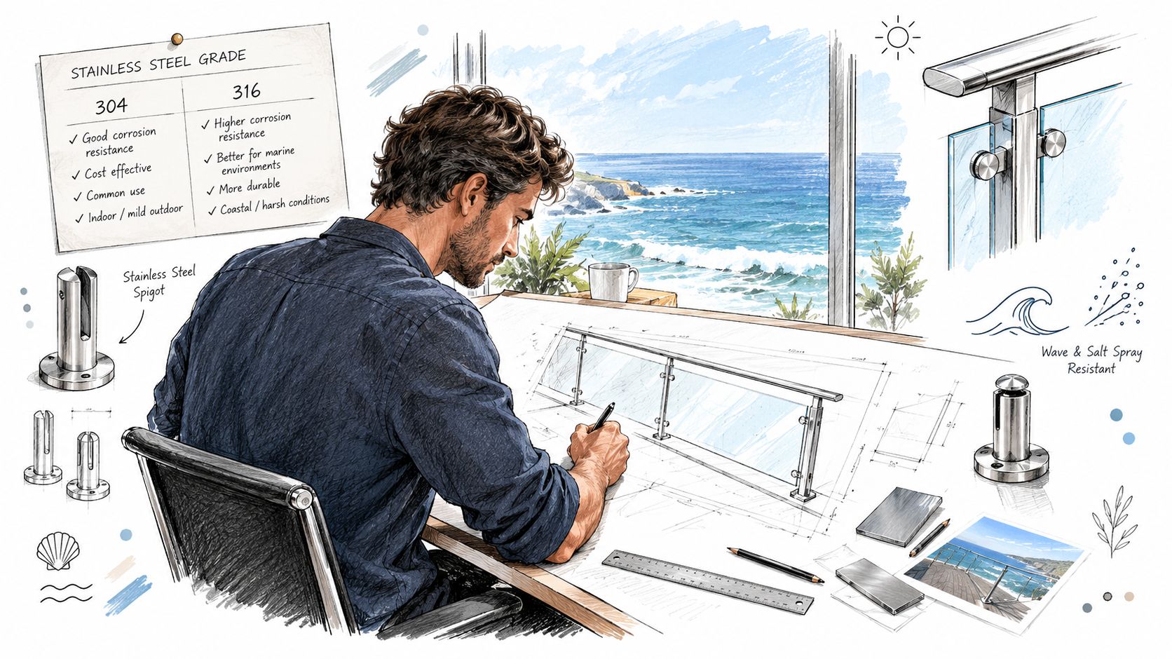 A professional designer sketching architectural blueprints for stainless steel railing systems with spigots in a seaside studio.