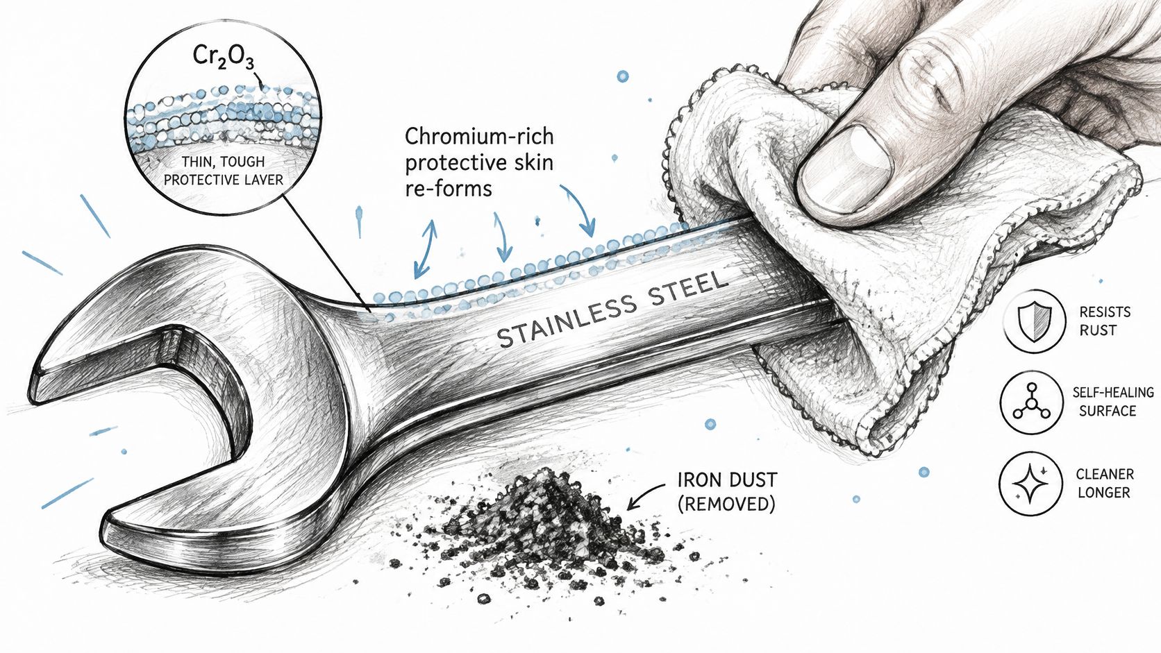 A hand wiping a stainless steel wrench, showing how the chromium-rich protective layer self-heals and resists rust.