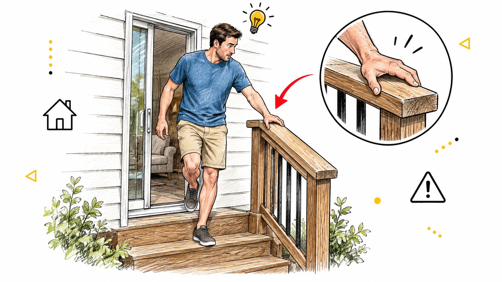 A man stepping out of a house onto wooden stairs while holding onto the deck railing.