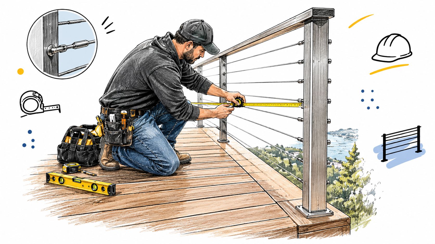 A professional construction worker installing a modern steel cable railing kit on a wooden deck overlooking nature.