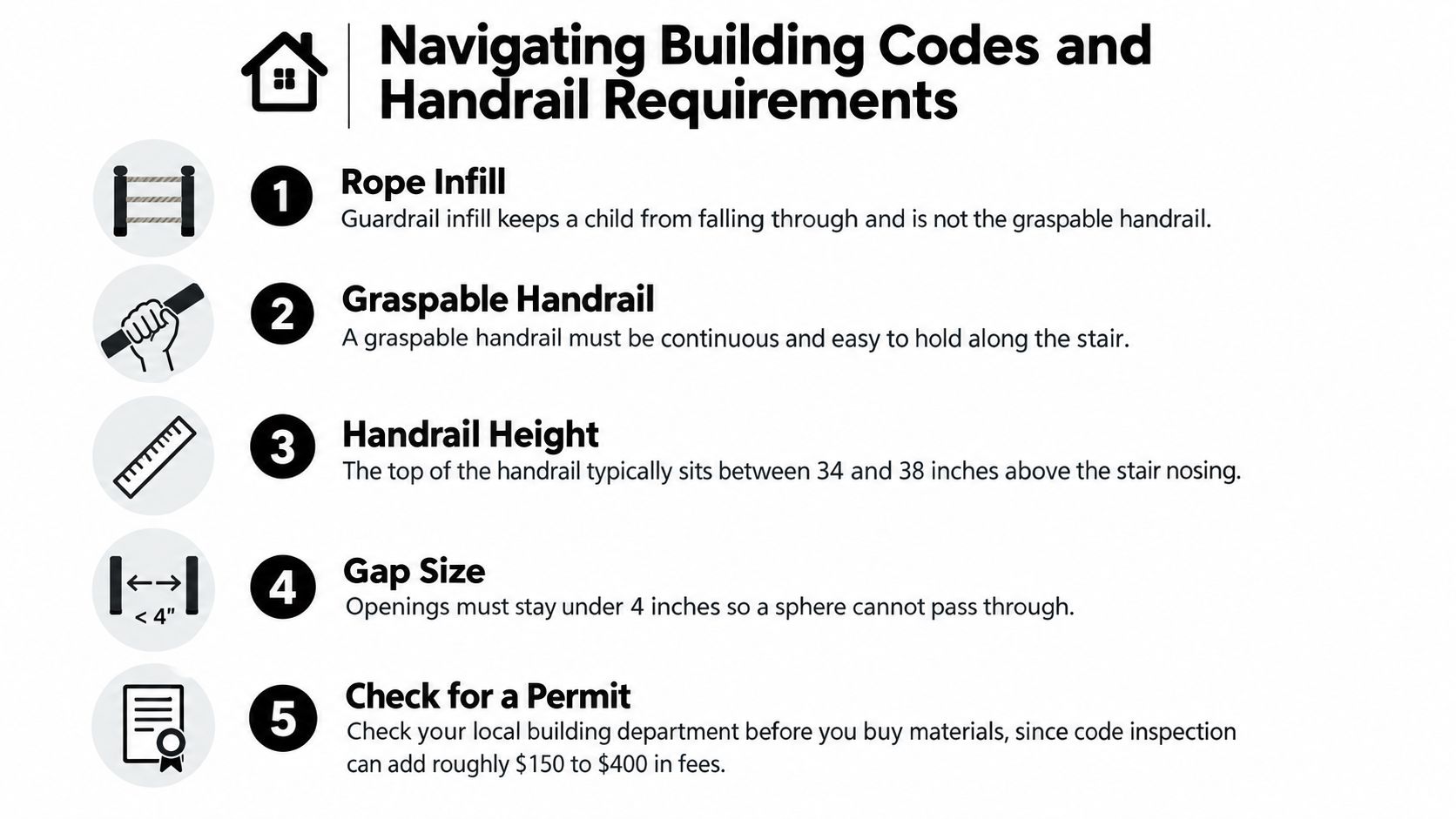 An infographic detailing five key building codes and safety requirements for stair railings and handrails.