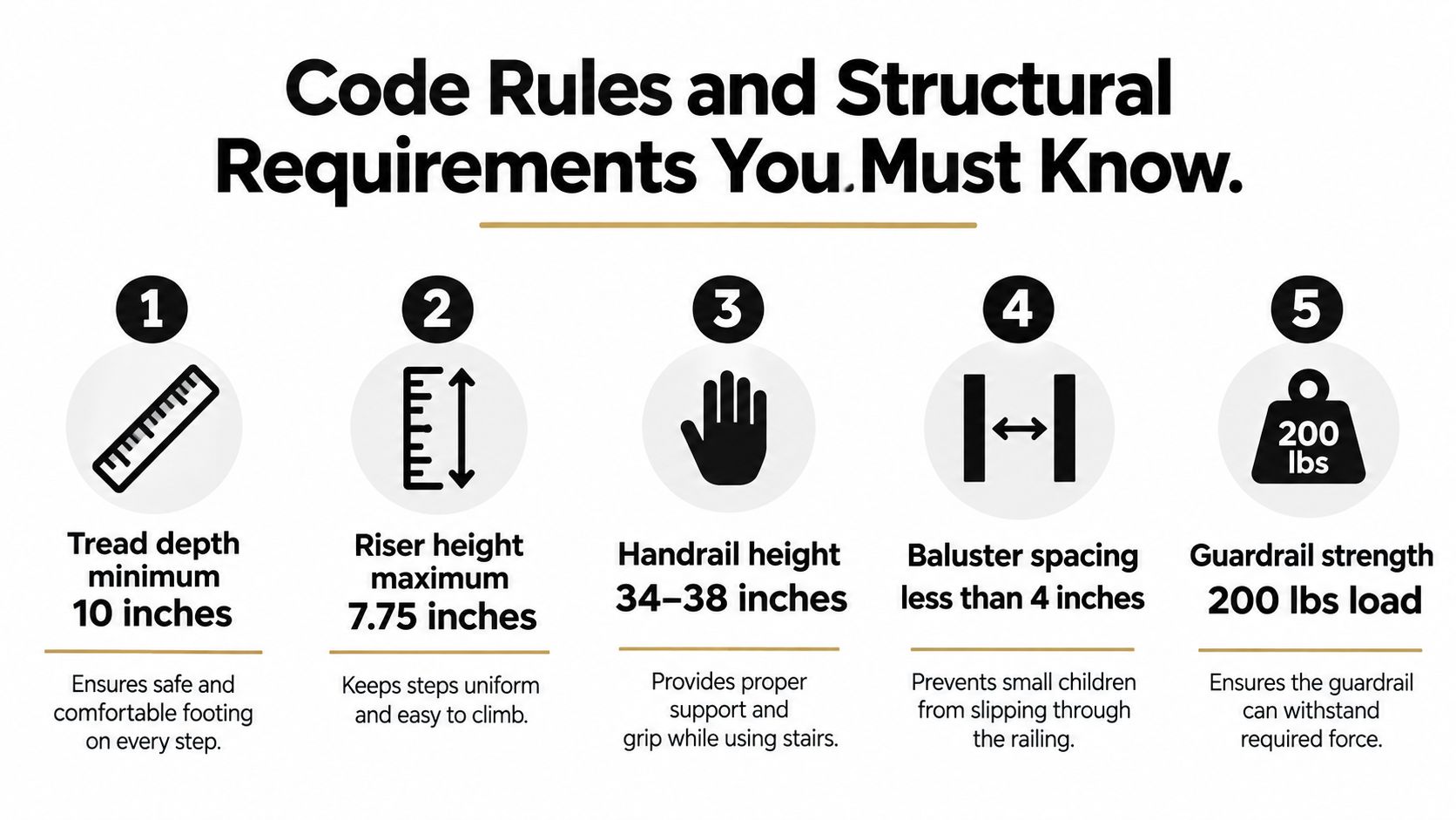 A graphic listing five essential building code requirements for stairs, including measurements for treads, risers, handrails, and guardrails.