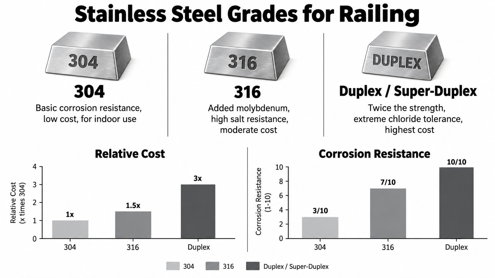 A chart comparing the cost and corrosion resistance of 304, 316, and Duplex stainless steel railing grades.