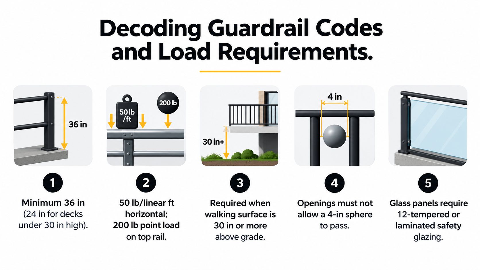 An infographic detailing essential guardrail safety codes, including height requirements, load capacities, and construction material standards.
