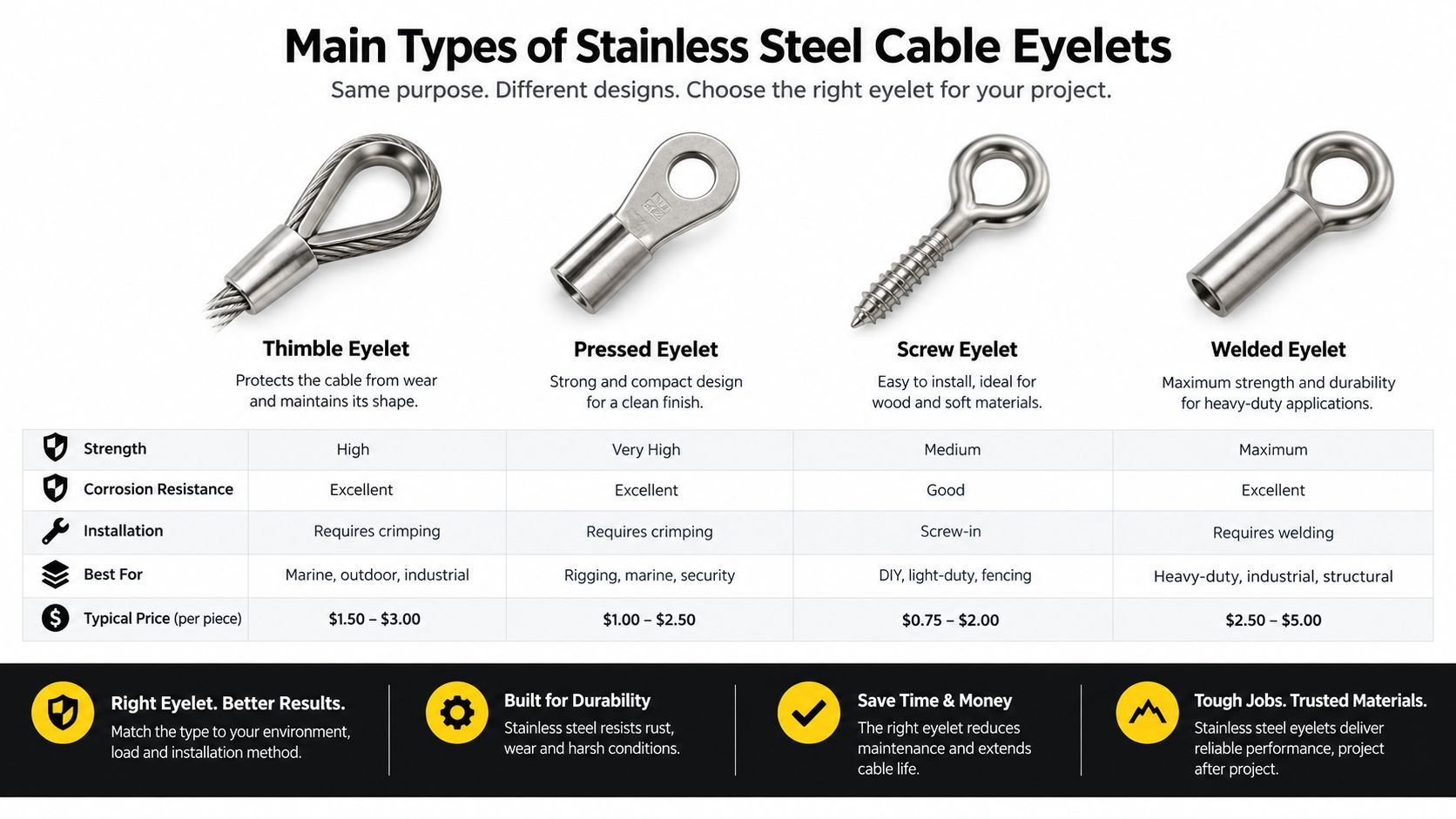 A comparison chart showing four main types of stainless steel cable eyelets and their specifications.