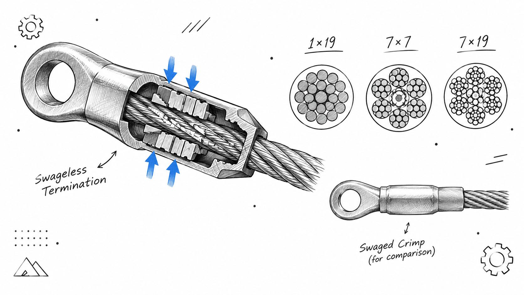 A diagram illustrating a cutaway view of swageless cable railing hardware alongside different wire rope configurations.