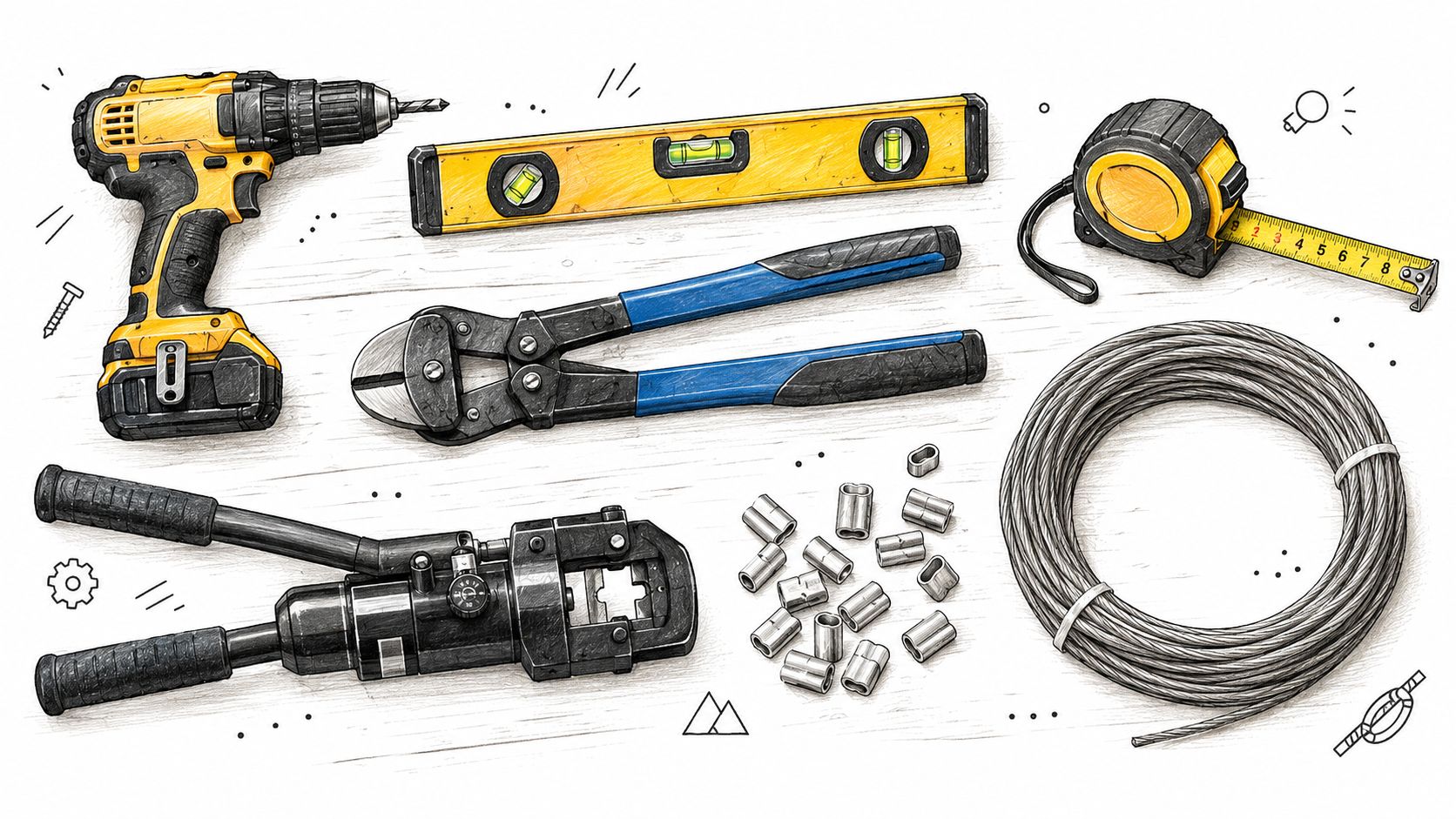Set of professional tools for cable deck railing installation including a drill, level, cutter, crimper, and wire rope.