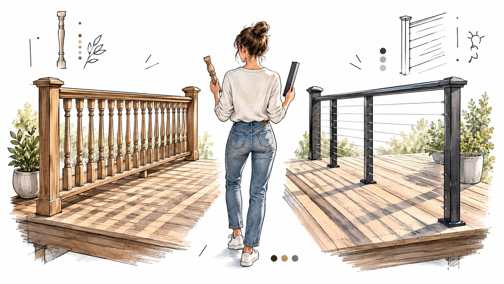A woman stands between two deck railing styles, comparing traditional wood spindles and modern cable railings.