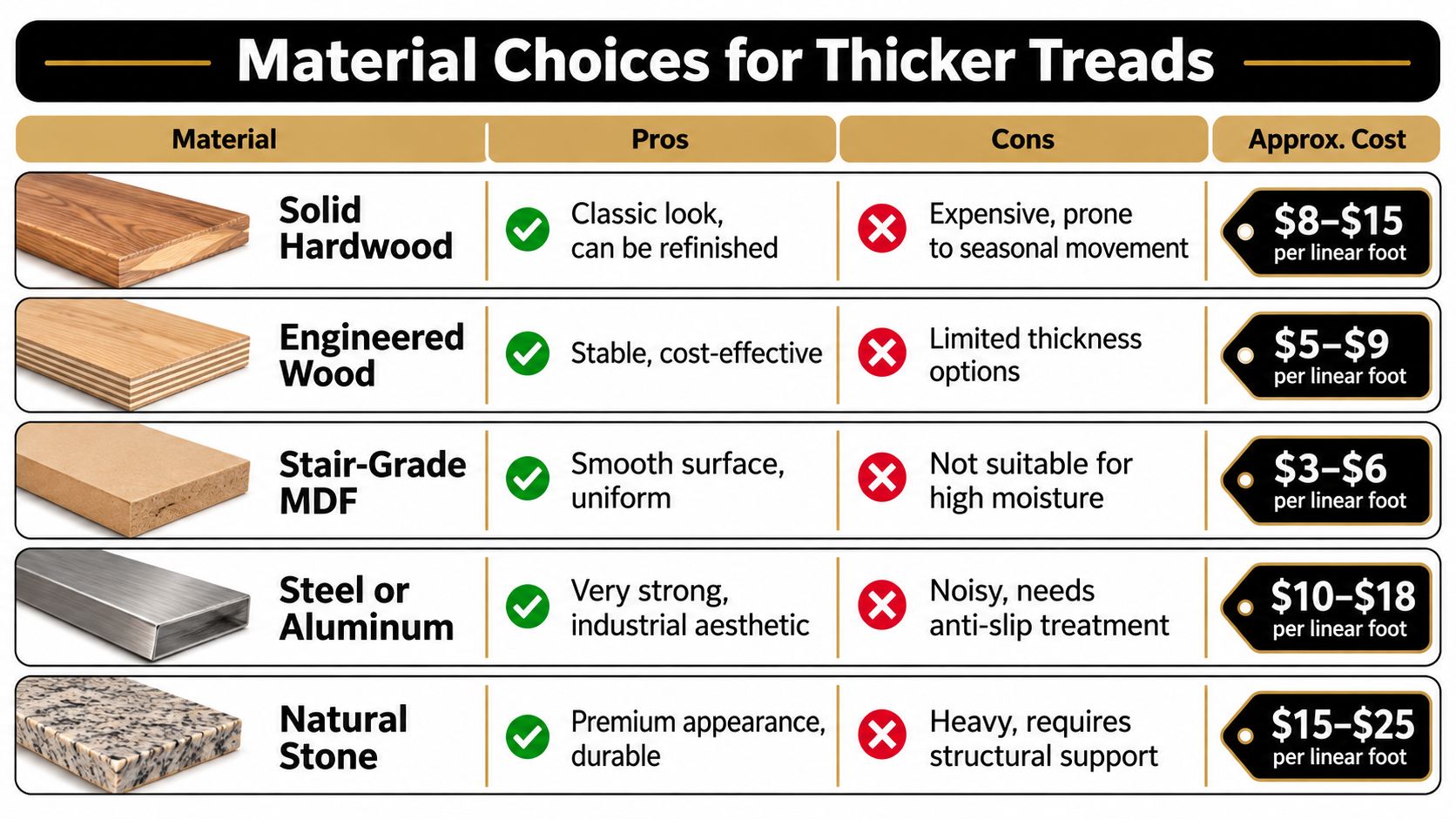 A comparative table displaying pros, cons, and costs of five different materials for building thick stair treads.