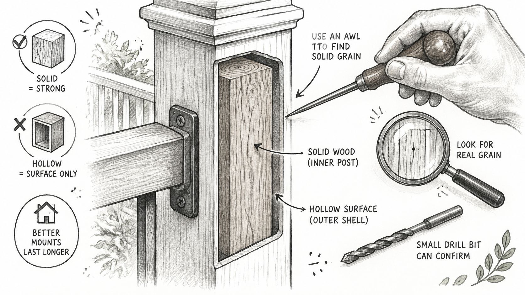 A diagram illustrating how to identify solid wood versus hollow posts for secure deck railing installations.